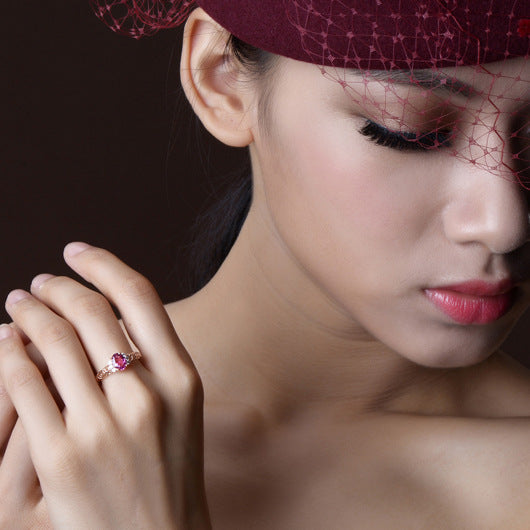 Rose Red Fancy Gems Hollow Ring Gold Plated Coppery Band With Inlaid Semi Precious Stones Geometric Euro Style