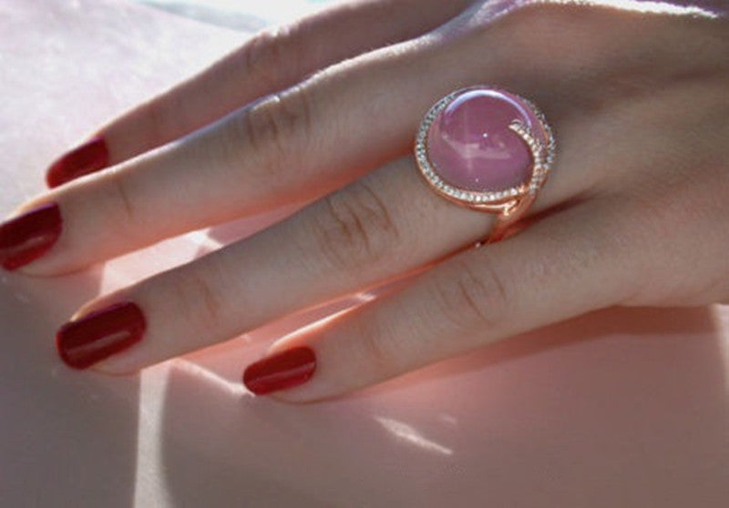 Pink Crystal Moonstone Diamond Ring Unisex Alloy Inlay Jewelry with Semi Precious Stones Gentle Shine Everyday