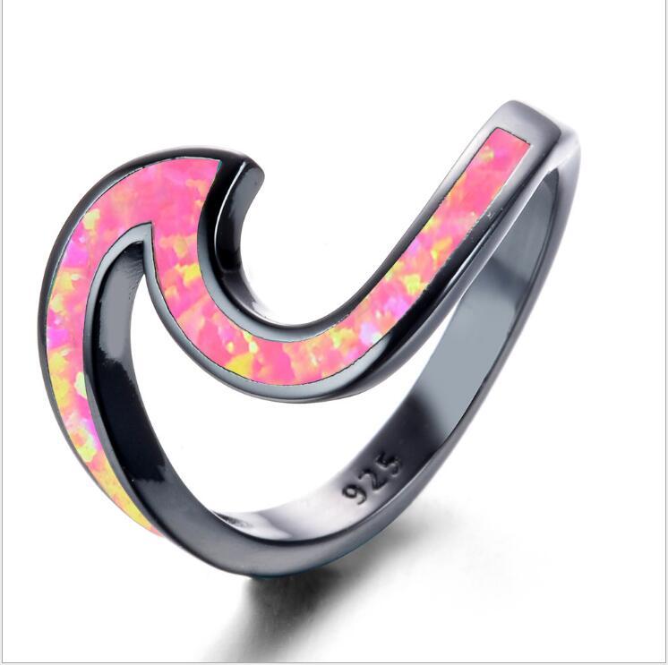 Womens Heart Ring Gold Plated Black Opal And White Ocean Wave Design Heart Shaped Jewelry For Women Size 5 To 10