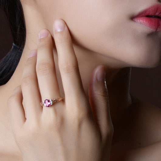 Rose Red Fancy Gems Hollow Ring Gold Plated Coppery Band With Inlaid Semi Precious Stones Geometric Euro Style