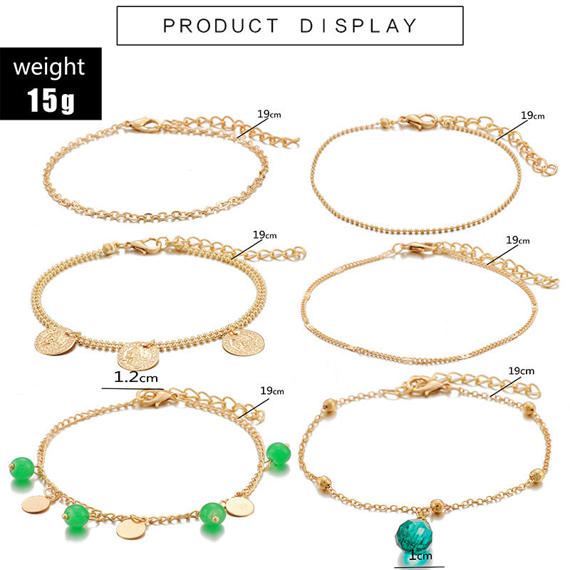 Womens Bohemian Bracelet Green Gemstone Tassel Disc Multilayer Electroplated Alloy Fashion Jewelry Gift For You