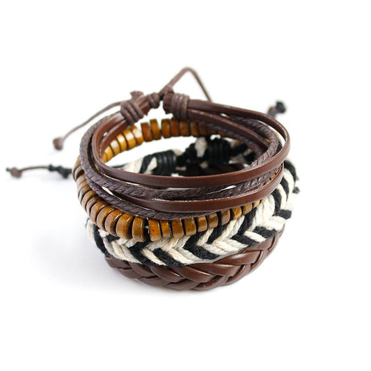 Braided Leather Bracelet With Wooden Beads Adjustable