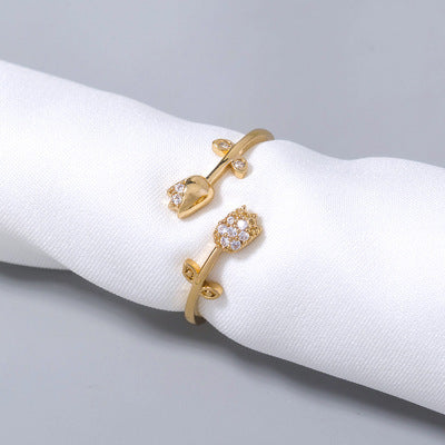 Womens Adjustable Flower Ring Gold Plated Copper Rosette Trendy Ring With Artificial Gemstones Elegant Jewelry