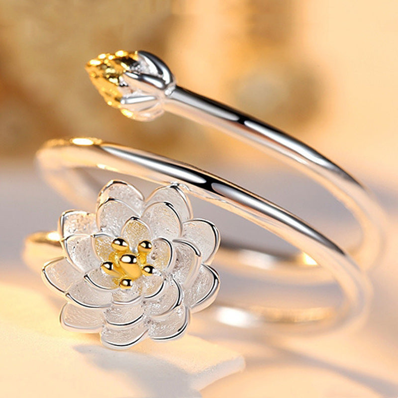 Womens Ring Lotus Design Adjustable Opening Electroplated Copper Fashion Jewelry Elegant Unique Statement Ring