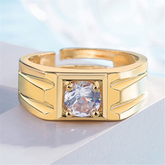 Mens Gold Plated Ring Adjustable Copper Band Geometric Korean Style Fashion Ring Modern Design Jewelry Everyday Wear