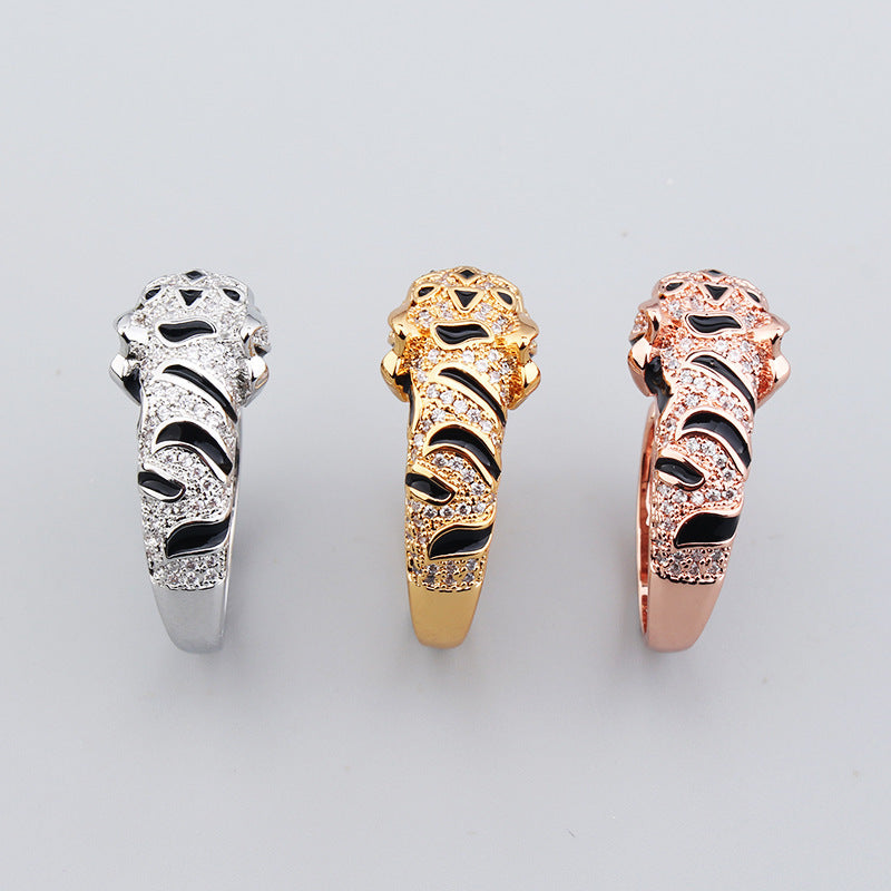 Gold Plated Leopard Head Rings for Couples Retro Adjustable Open Band with Animal DesignInnerCircumferenceSize