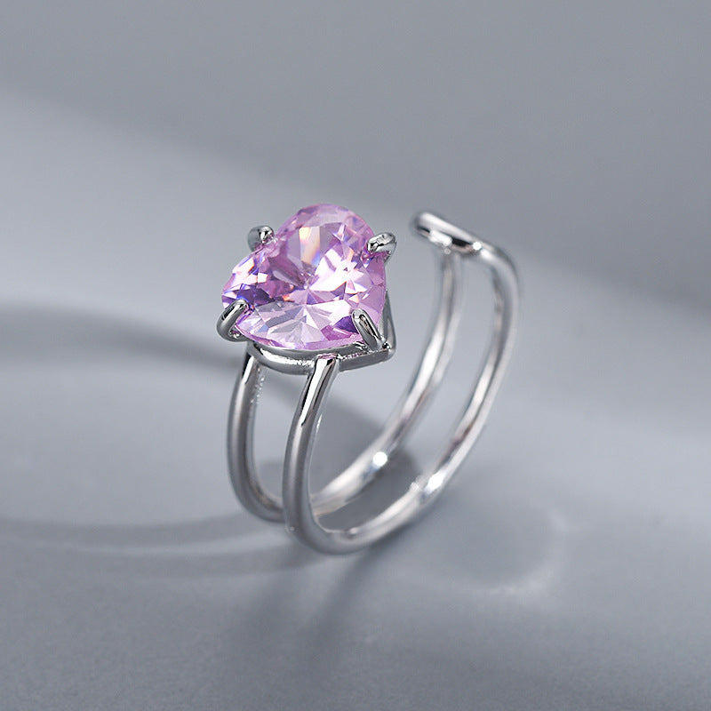 Women Heart Ring Adjustable Opening White Gold Plated Copper With Zircon Elegant Heart Shaped Jewelry Sparkles