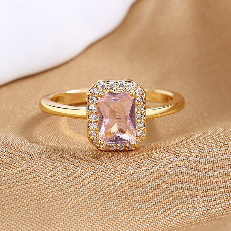 Geometric Octagonal Zircon Ring For Women Pink Copper Inlaid Jewelry Elegant Everyday Accessory Luxury Sparkle
