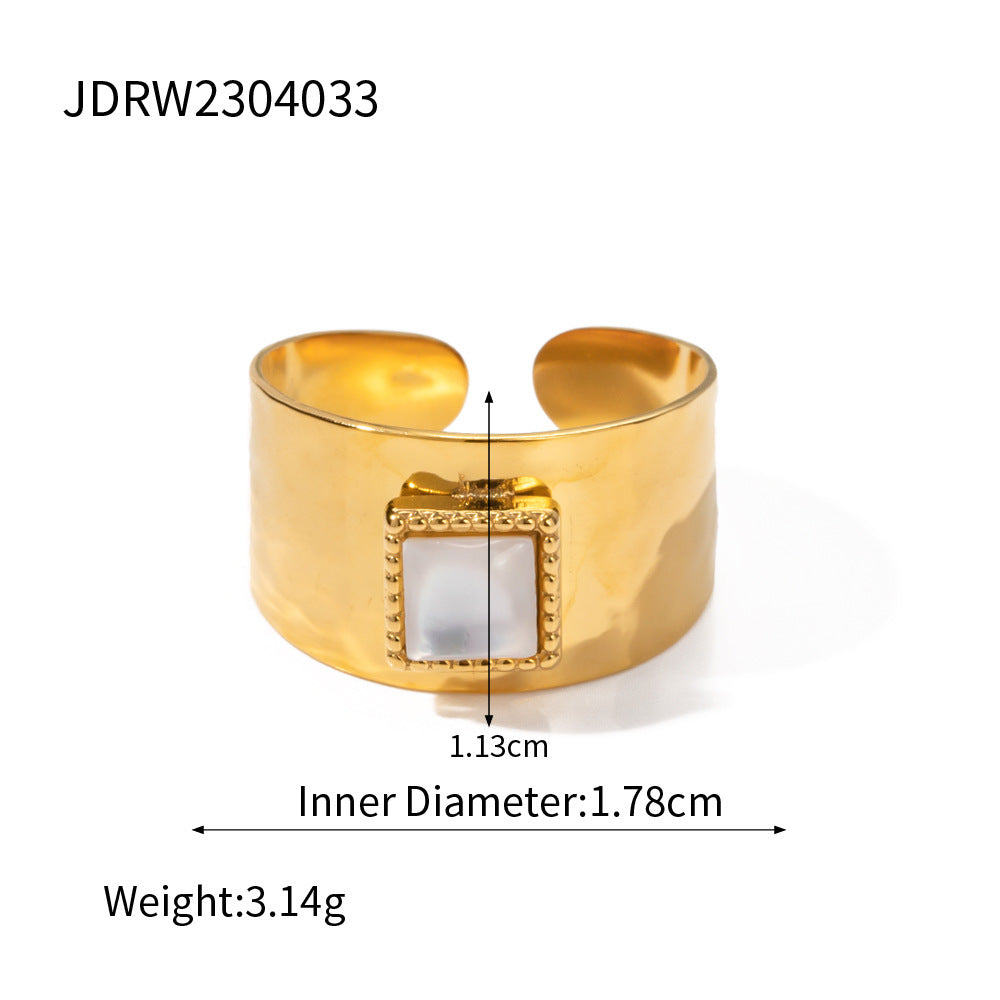 Women Fashion Retro Stainless Steel Inlaid Fritillary Ring Adjustable Split Band Elegant Flower Motif Jewelry Gift Idea