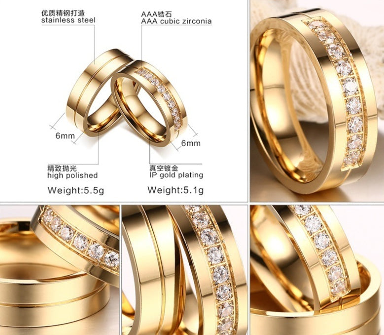 Titanium Steel Couple Ring Electroplated Gold Diamond