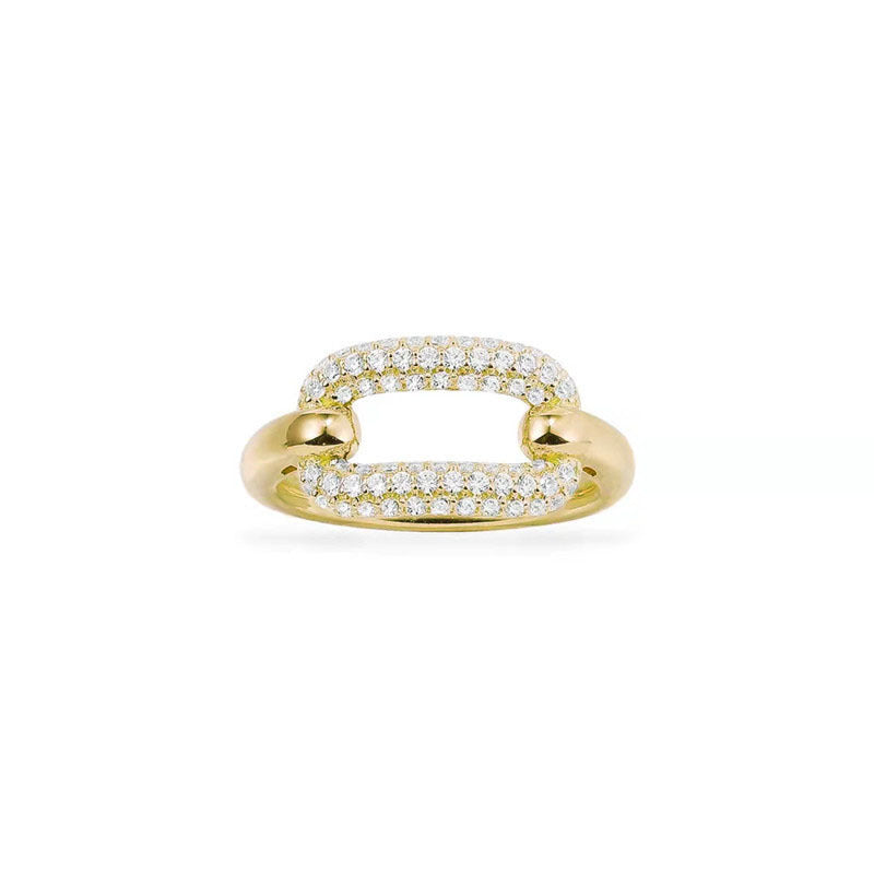 Geometric Lock Ring Crystal Inlaid Zircon Embellished Coppery Gold Plated Elegant Daily Wear Statement Jewelry