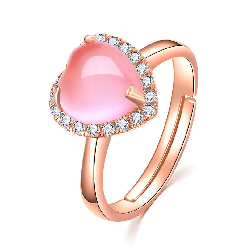 Rose Gold Heart Ring For Women Copper Alloy Hibiscus Stone Inlaid Elegant Jewelry Gift For Anniversary Timeless Design