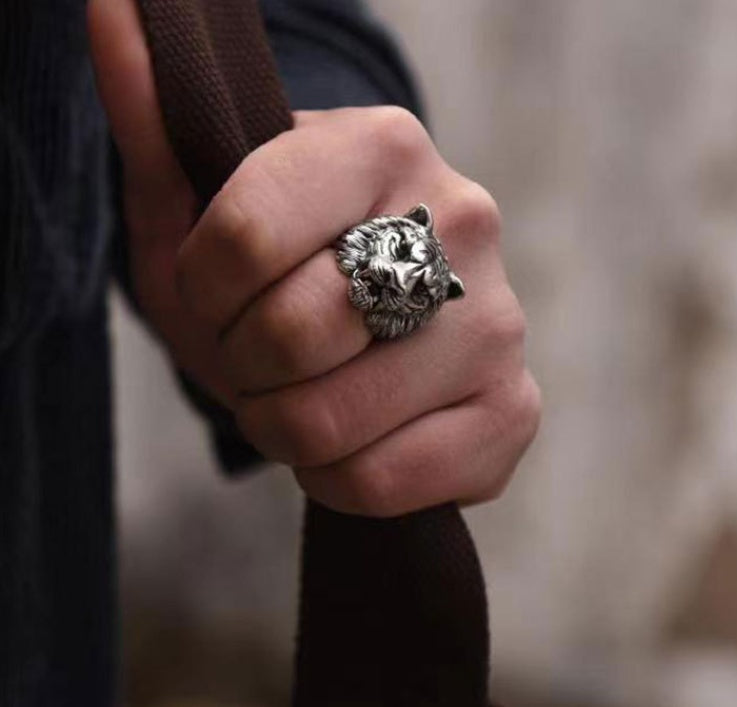 Tiger Head Ring For Men Open Mouth Ethnic Retro Style Adjustable Copper Accessory Bead Pattern Jewelry For Men