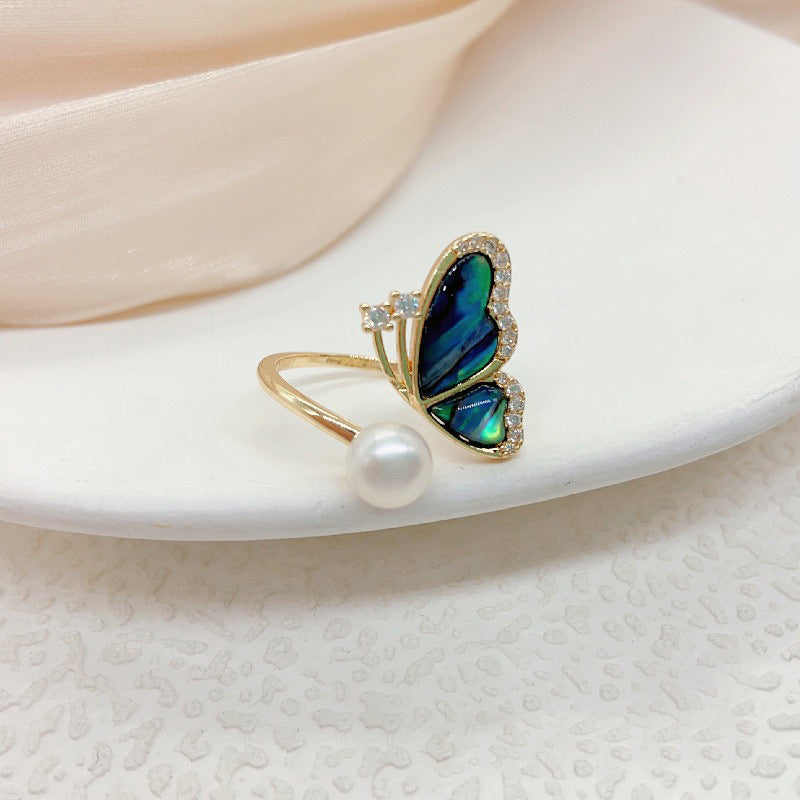 Butterfly Pearl Ring Adjustable Copper Jewelry For Her Gift