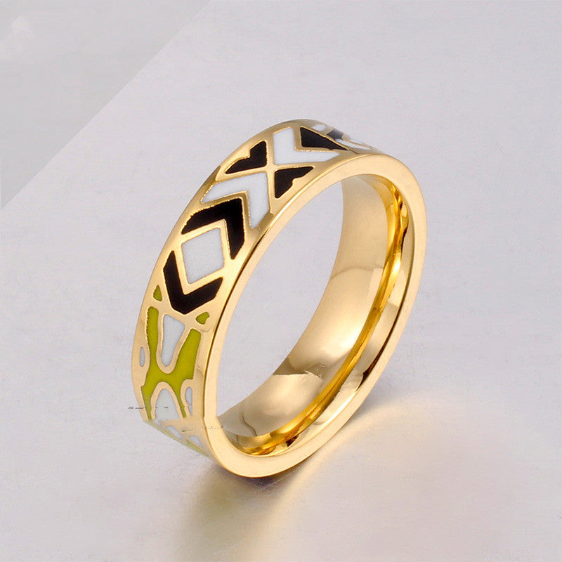 Retro Enamel Ring Unisex Ethnic Style Stainless Steel 6mm Wide 2mm Thick Sizes 16 17 18 19 20 European US Ring Style