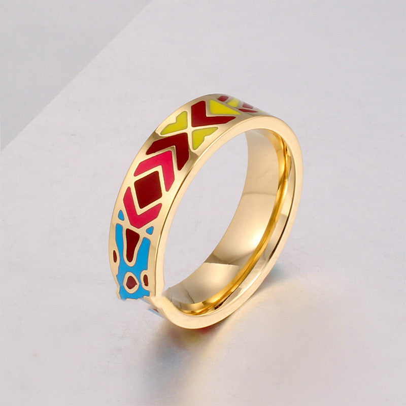 Retro Enamel Ring Unisex Ethnic Style Stainless Steel 6mm Wide 2mm Thick Sizes 16 17 18 19 20 European US Ring Style