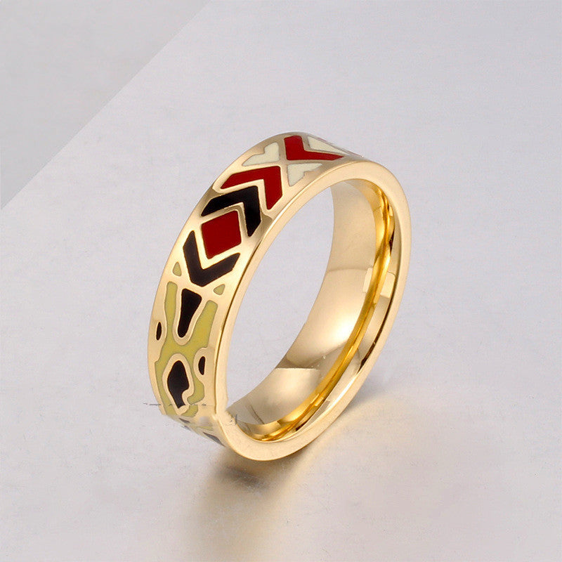 Retro Enamel Ring Unisex Ethnic Style Stainless Steel 6mm Wide 2mm Thick Sizes 16 17 18 19 20 European US Ring Style