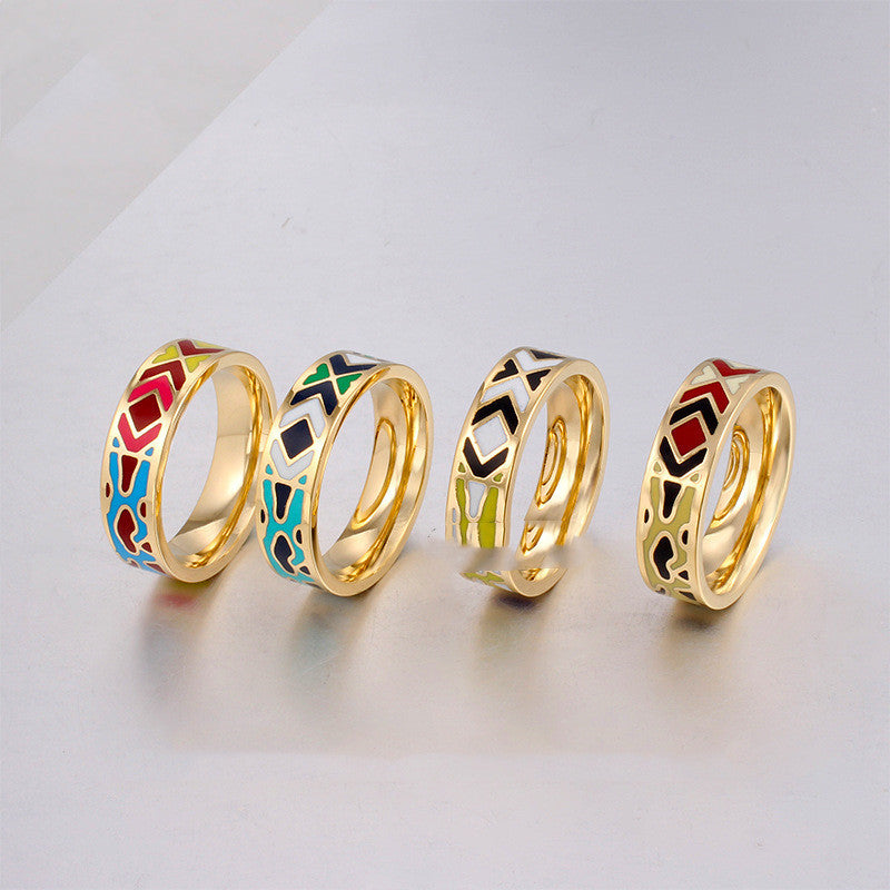 Retro Enamel Ring Unisex Ethnic Style Stainless Steel 6mm Wide 2mm Thick Sizes 16 17 18 19 20 European US Ring Style