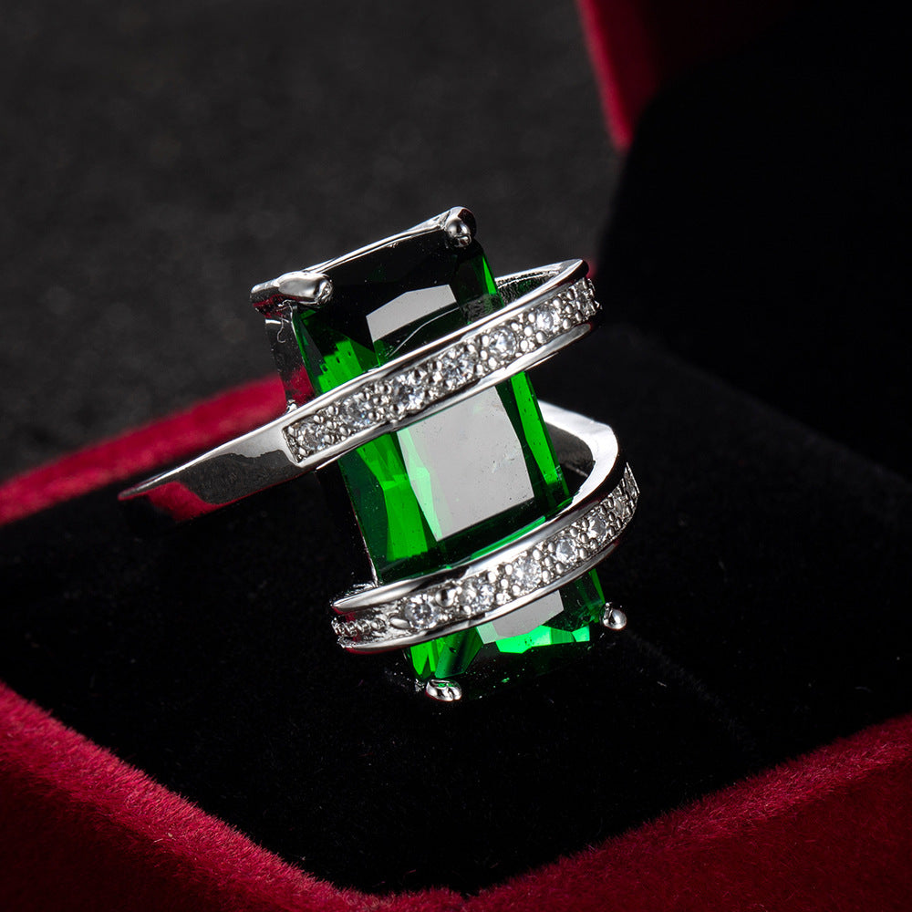 Extra Large Rectangular Zircon Ring Alloy Silver Plated European American Fashion Inlay Gem Ring For Couples Trendy