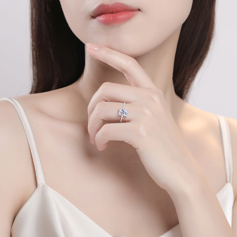 Sterling Silver Adjustable Ring Geometric Cube Sugar Design With Rhinestones Inlaid Gemstone For Women Jewelry Gift