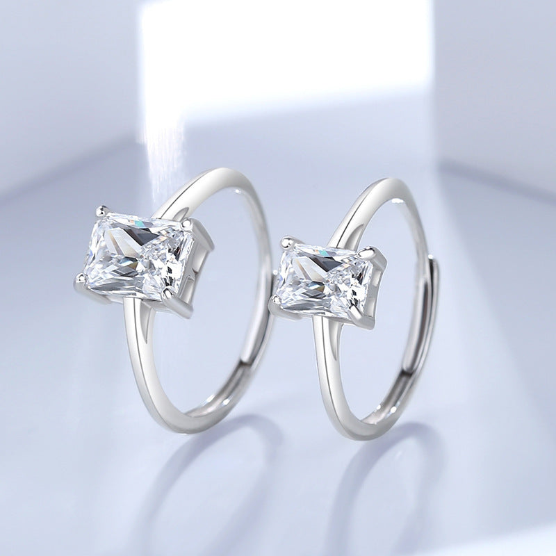 Sterling Silver Adjustable Ring Geometric Cube Sugar Design With Rhinestones Inlaid Gemstone For Women Jewelry Gift