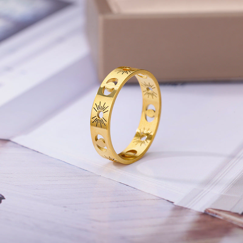 Stainless Steel Openwork Sun Moon Ring Womens Jewelry Electroplated Fashion Gift For Her Openwork Design Shine
