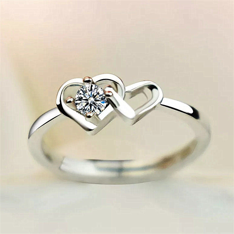 Unisex Heart Ring Adjustable Copper Love Token Ring Featuring White Diamond Simulant Electroplated Platinum Color