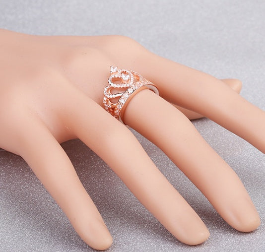 Princess Style Cubic Zirconia Hollowing Heart Silver Rose Gold Crown Ring Jewelry for Party Engagement Wedding