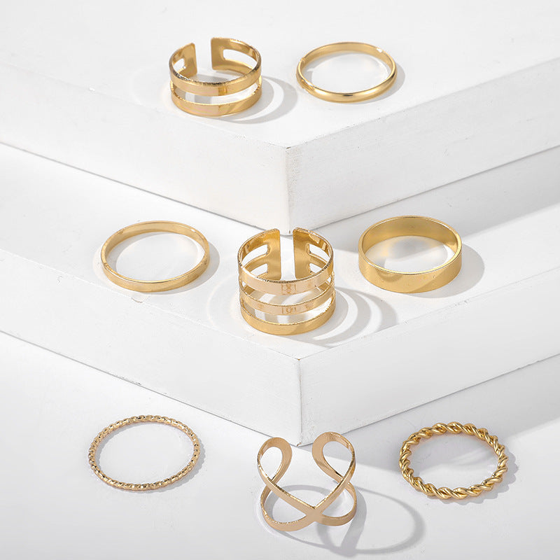Retro Ring Set 8 Piece Metal Twist Cross Rings European Geometric Alloy Rings Electroplated Packed In Gift Box