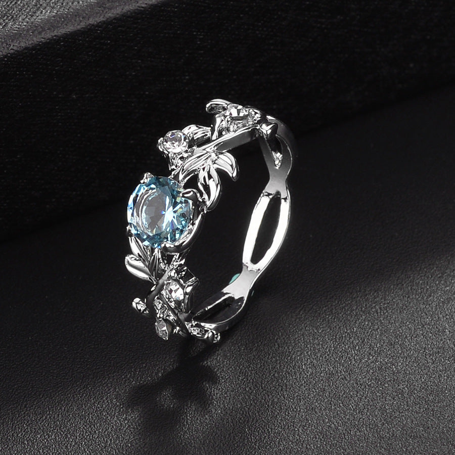 Womens Leaf Ring With Gemstones Inlaid And Diamond Detailing Sea Blue Alloy Jewelry For Her Souvenir Accessory