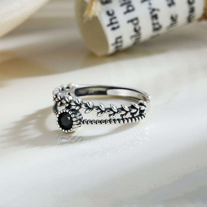 Copper Wheat Ring Black Zircon Geometric Design White Gold Color Ring For Women Fashion Jewelry Elegant Korean Style