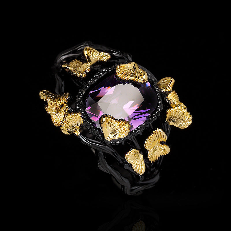 Womens Natural Stone Flower Ring Black Gold Plated Brass Jewelry Statement Durable High Quality Accessory Chic