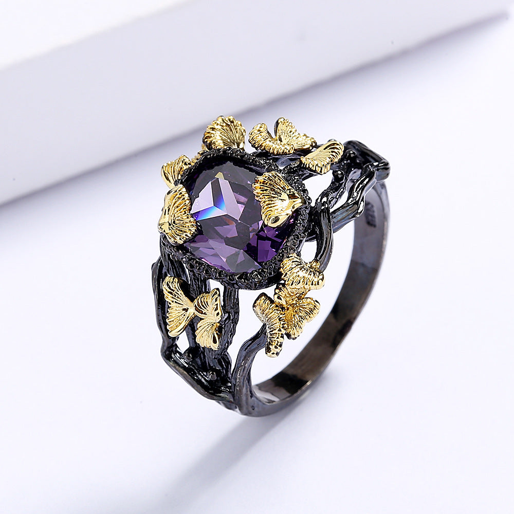 Womens Natural Stone Flower Ring Black Gold Plated Brass Jewelry Statement Durable High Quality Accessory Chic