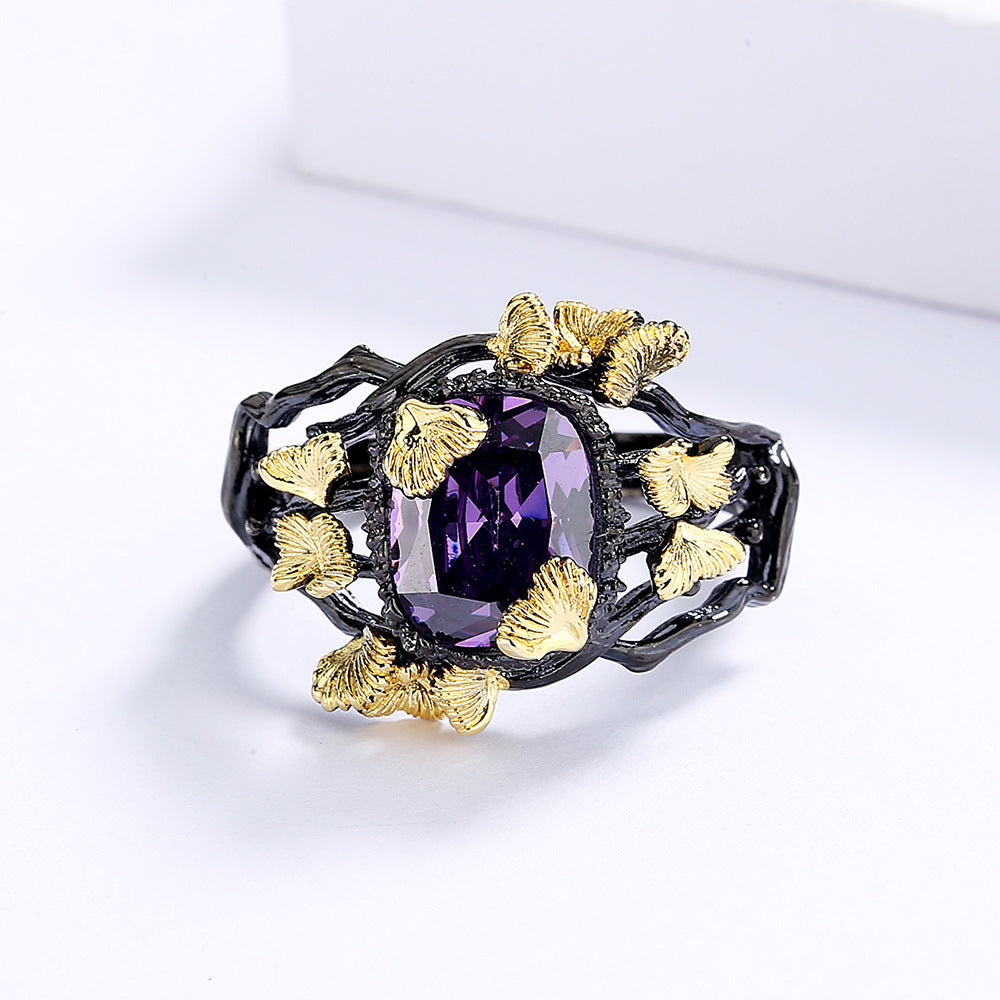 Womens Natural Stone Flower Ring Black Gold Plated Brass Jewelry Statement Durable High Quality Accessory Chic