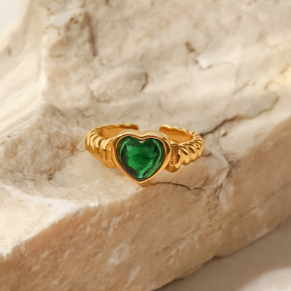 Womens Stainless Steel Ring With 18K Gold Plating Green Heart Inlaid Zircon Open End Geometric Love Jewelry Gem
