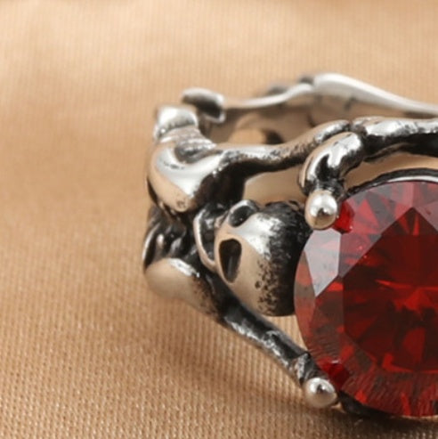 Titanium Steel Diamond Red Rock Ring Vintage Skull