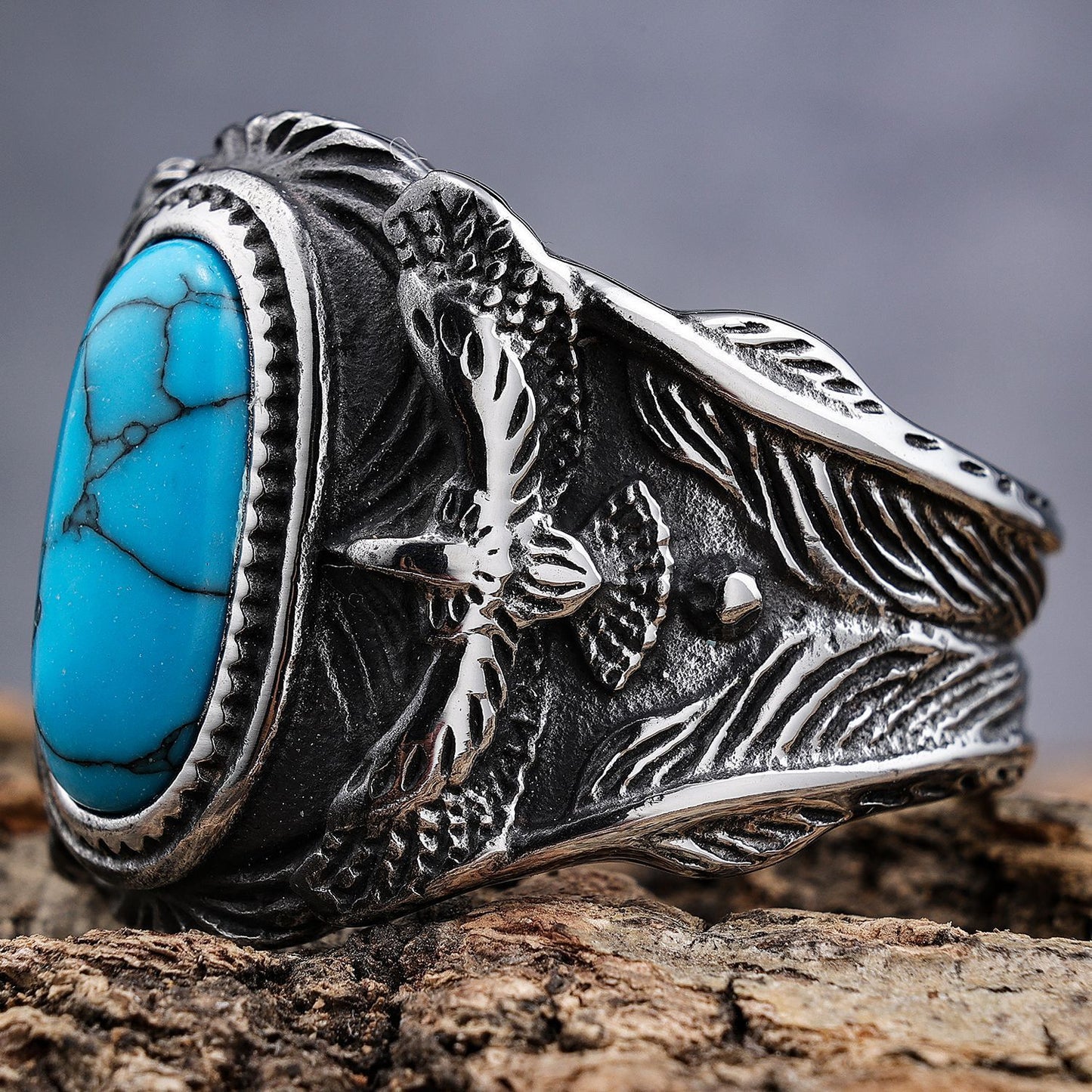 Unisex Turquoise Gemstone Ring Stainless Steel Eagle Inlaid Design Polished Metal Band Fashion Jewelry For Men Women