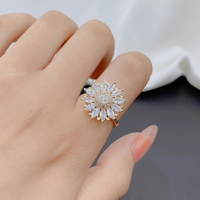 Women Rotating Flower Ring Zircon Adjustable Open Copper Metal Gold Inlay Elegant Fashion Jewelry Gift For Her