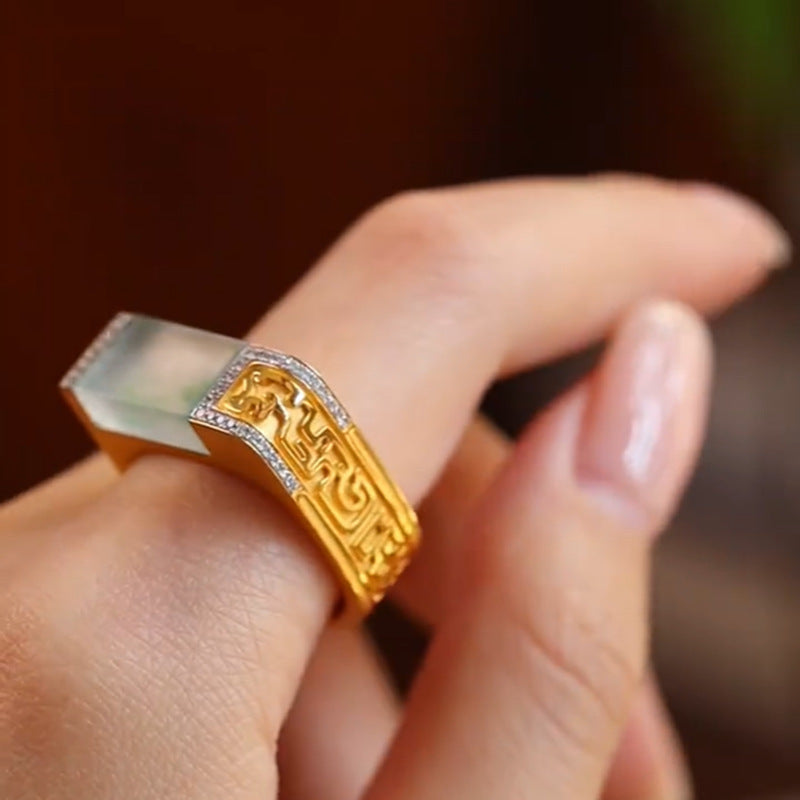 Unisex Square Ring Retro Alloy Jasper Ring Vintage Style British Seal Ring Gift For Men Women US Size 7 9 Classic Look