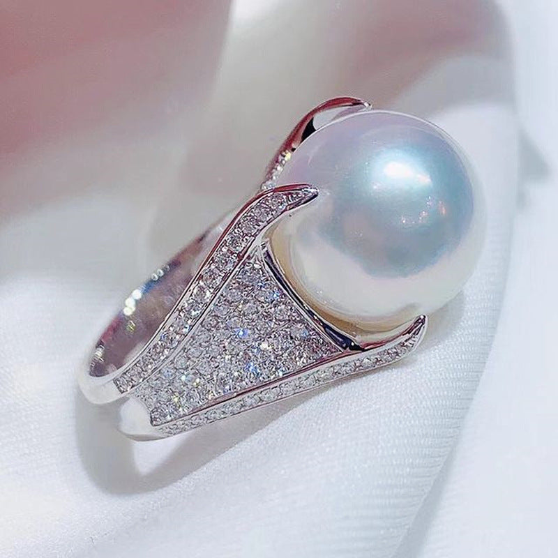 Womens Copper Ring With Full Inlaid Zircon And Pearl Geometric Shiny Elegant Fashion Jewelry Gift For Her Everyday Wear