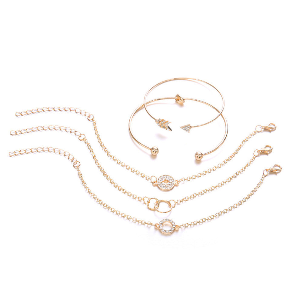 Womens Alloy Bracelet Gold Finish With Five Pointed Star And Love Knots European American Bangle Sparkle Shine