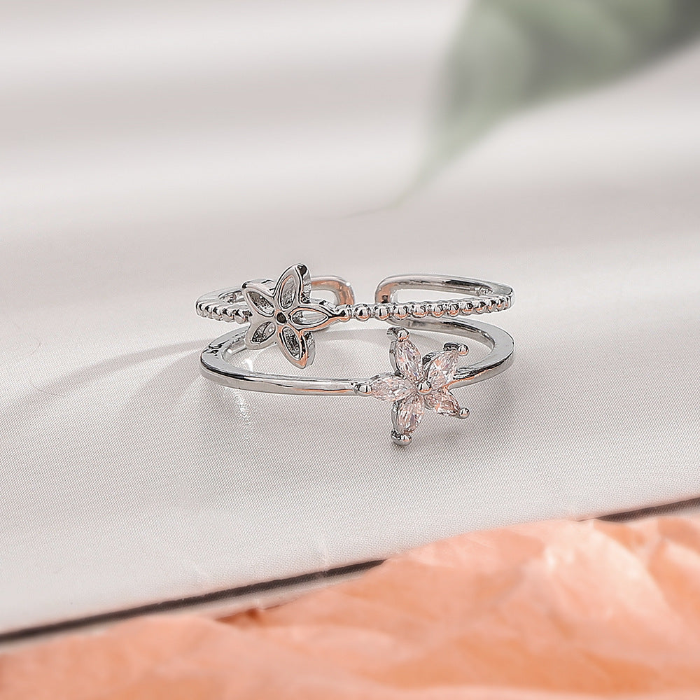 Womens Flower Ring Adjustable Double Layer Copper Jewelry Delicate Flower Design Gift For Her Korea Style Size