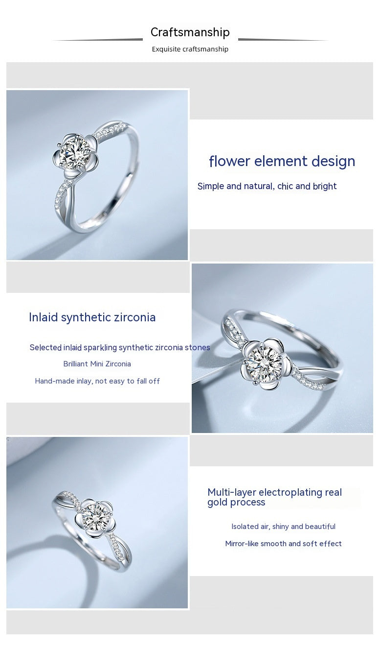 Adjustable Sterling Silver Ring Peach Blossom Diamond