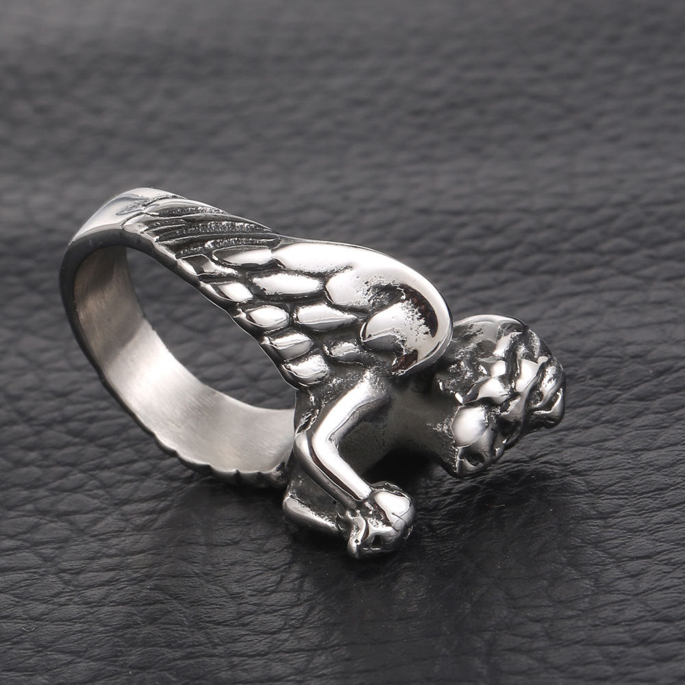 Mens Ring Titanium Angel Casting Polished Durable Metal Unique Design Fashion Jewelry Statement Accessory Gift