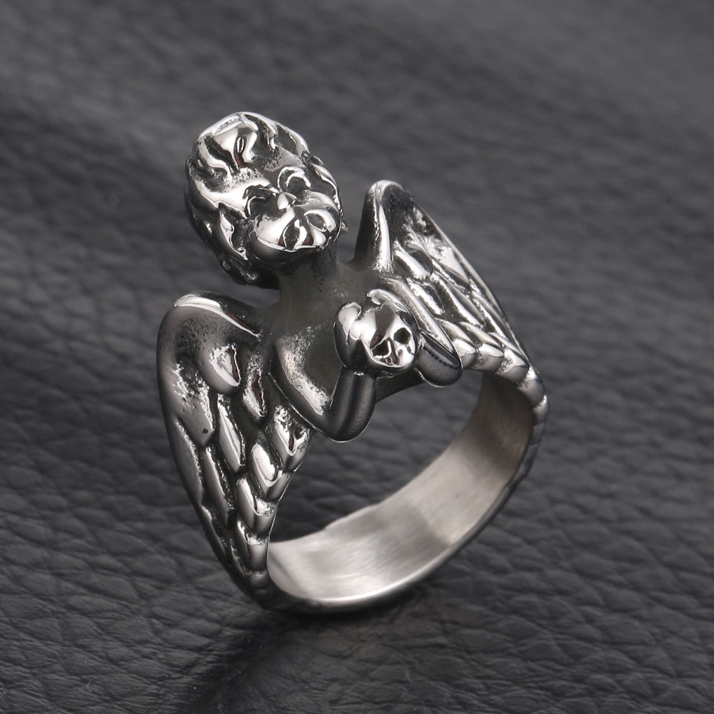Mens Ring Titanium Angel Casting Polished Durable Metal Unique Design Fashion Jewelry Statement Accessory Gift
