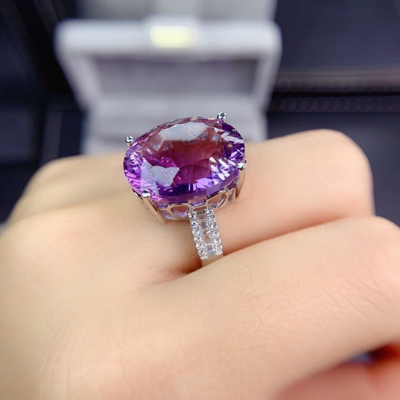 Womens Deep Purple Zircon Amethyst Ring Copper Adjustable Opening Elegant Gemstone Jewelry Enhanced Shine Tone