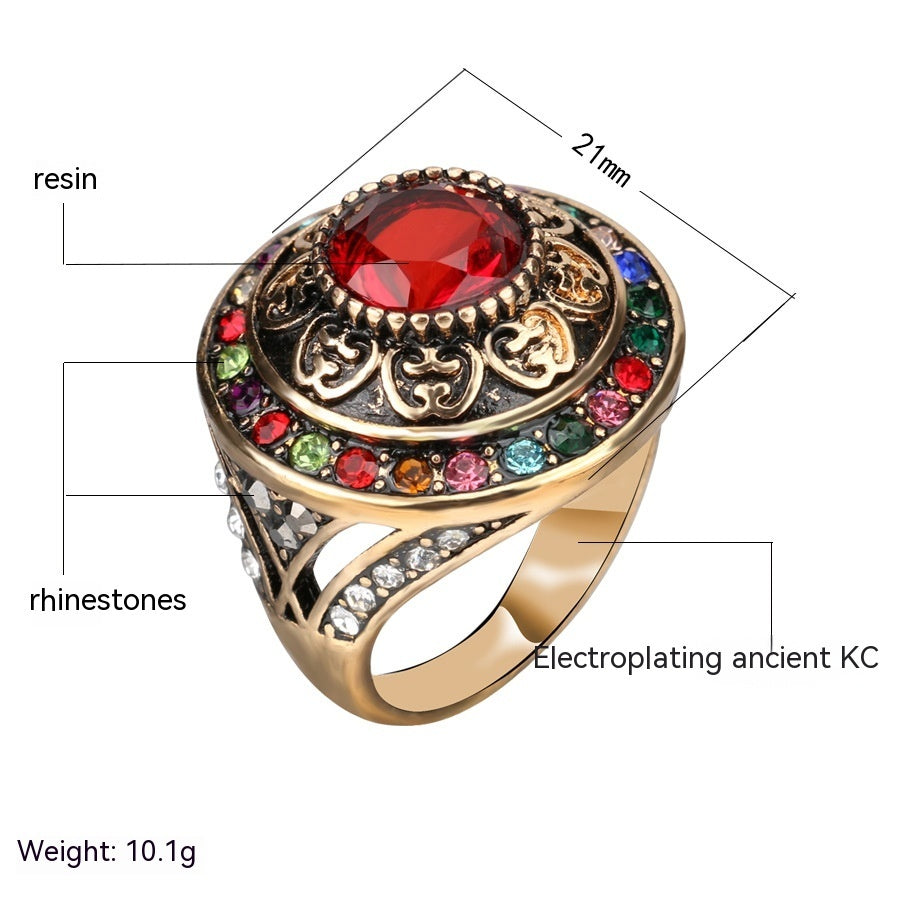 Womens Ring Retro Alloy With Artificial Gemstone Inlay Hollow Carved Design Gold Plated Ring For Women Natural