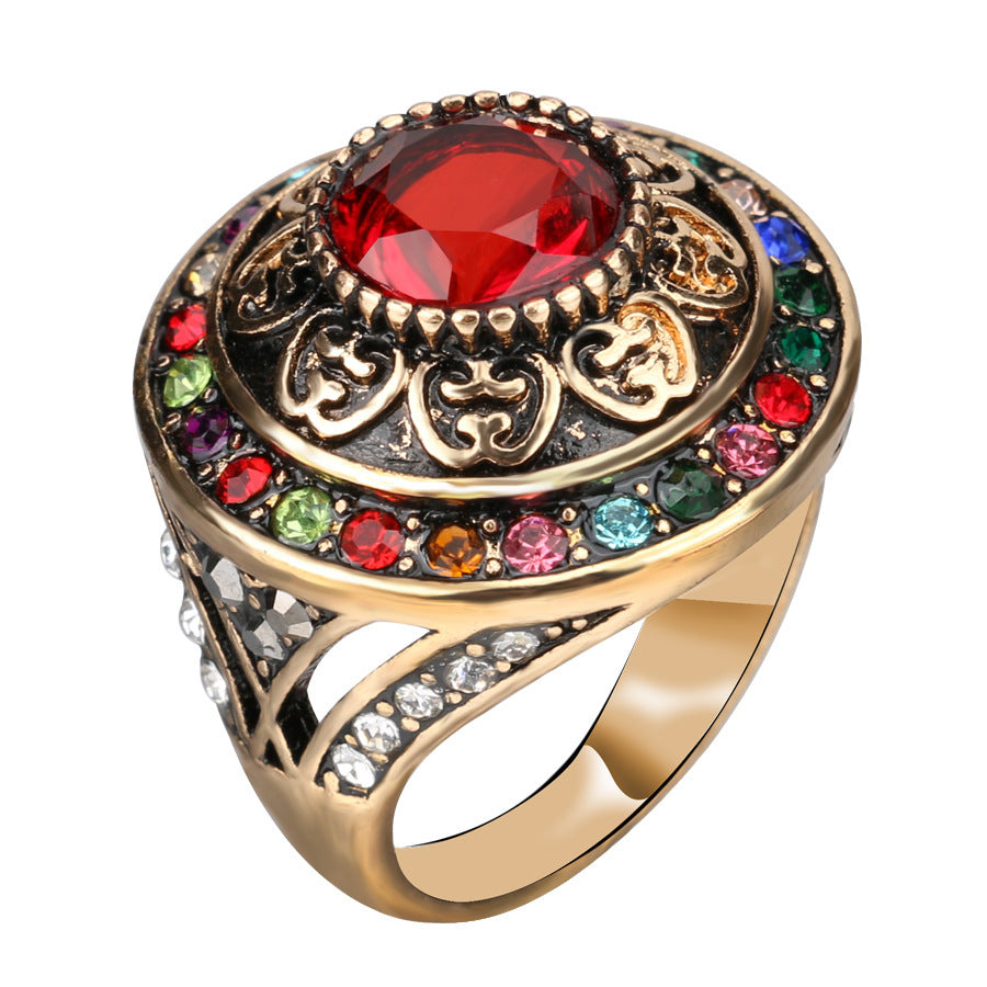 Womens Ring Retro Alloy With Artificial Gemstone Inlay Hollow Carved Design Gold Plated Ring For Women Natural
