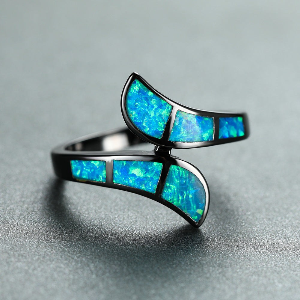 Unisex Black Gold Arc Opal Ring Copper Fashion Wedding Gift For Men And Women Blue Accents Bold Arc Jewel Ring