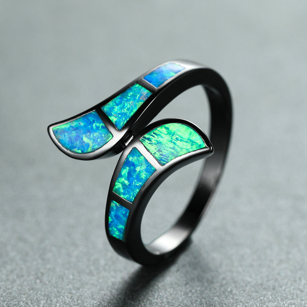 Unisex Black Gold Arc Opal Ring Copper Fashion Wedding Gift For Men And Women Blue Accents Bold Arc Jewel Ring